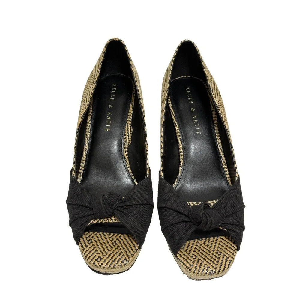 Kelly & Katie  8.5 M Knotted Espadrille Woven Wedge Sandal Black Beige